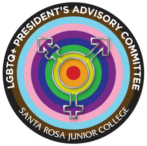 logo for LGBTQIA President's Advisory Committee, featuring the rainbow, as well as purple, pink, and blue colors representing Trans communities